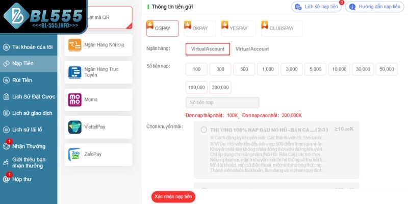 Nền tảng có đa dạng phương thức nạp tiền BL555